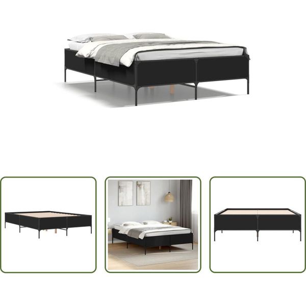 The Living Store Struttura Letto Nera 140X190 Cm In Legno E Metallo-image