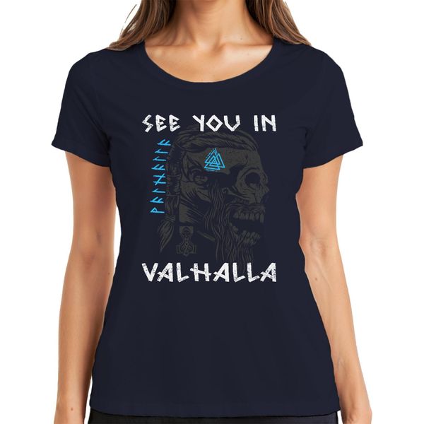 Ci Vediamo Nel Valhalla Maglietta Da Donna Mitologia Del Teschio Vichingo MjöLnir, Navy, Xl-image