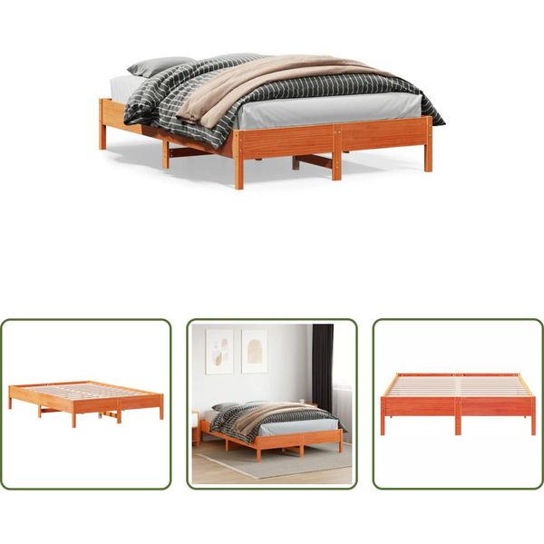 The Living Store Letto In Legno Massiccio Cera Marrone 150X200 Cm Pino-image