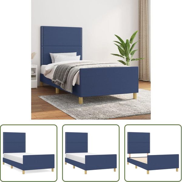 The Living Store Struttura Letto Con Testiera Blu 90X190 Cm In Tessuto-image