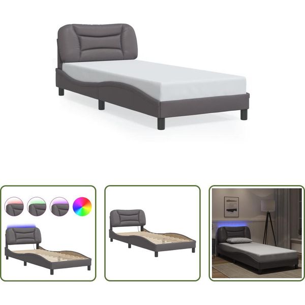 The Living Store Struttura Letto Con Led Grigio 90X200 Cm In Ecopelle-image