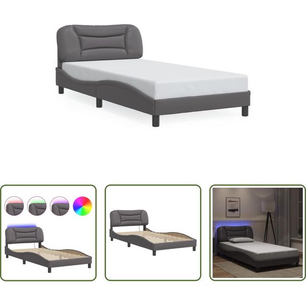 The Living Store Struttura Letto Con Led Grigio 100X200 Cm In Ecopelle-image