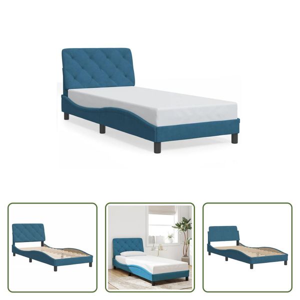 The Living Store Struttura Letto Con Testiera Blu 90X190 Cm In Velluto-image