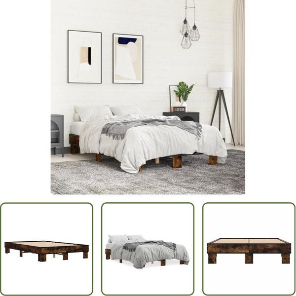 The Living Store Struttura Letto In Rovere Fumé 140X200 Cm Materiale A Base Di Legno E Metallo-image