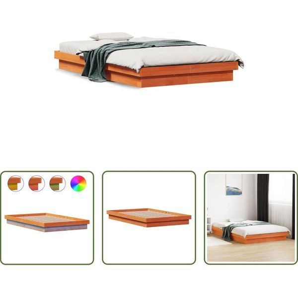 The Living Store Letto In Legno Massiccio Con Illuminazione Led Marrone Cera 120X200 Cm Pino-image