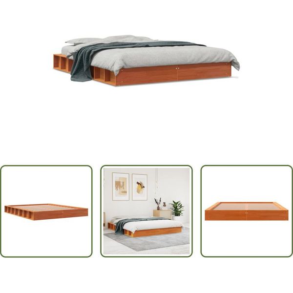 The Living Store Letto In Legno Massiccio Cera Marrone 160X200 Cm Pino-image
