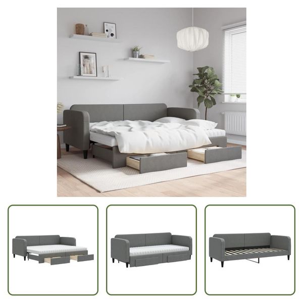 The Living Store Letto Da Giorno Allungabile Con Cassetti Grigio Scuro 80X200 Cm Tessuto-image