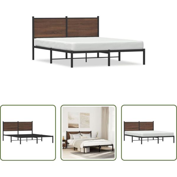 The Living Store Struttura Letto Con Testiera In Metallo Effetto Rovere Marrone 137X190 Cm-image
