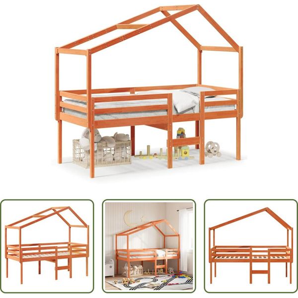 The Living Store Letto A Soppalco Con Tetto A Cera Marrone 75X190 Cm In Legno Di Pino Massiccio-image