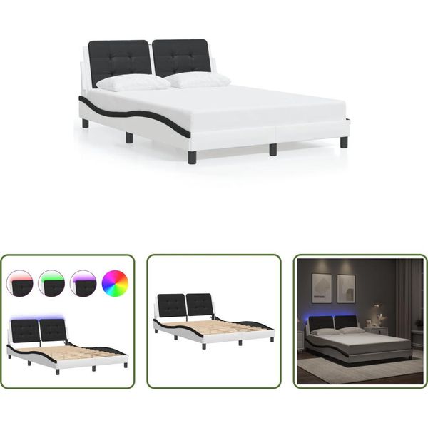 The Living Store Struttura Letto Con Led Bianco E Nero 140X200 Cm In Ecopelle-image