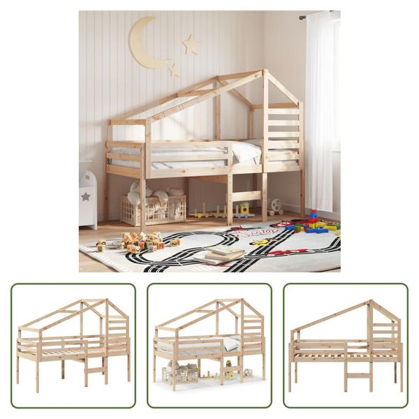 The Living Store Letto A Soppalco Con Tetto 75X190 Cm In Legno Di Pino Massiccio-image