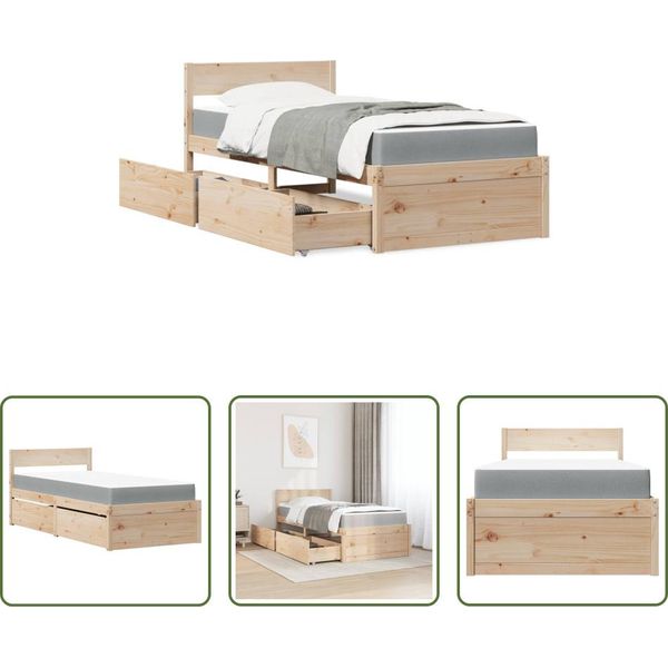 The Living Store Letto Con Cassetti E Materasso 90X200 Cm In Legno Di Pino Massiccio-image