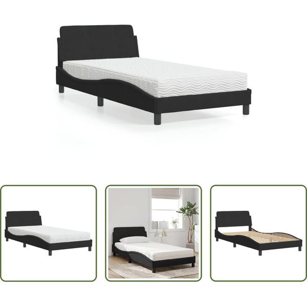 The Living Store Letto Con Materasso Nero 100X200 Cm In Velluto-image