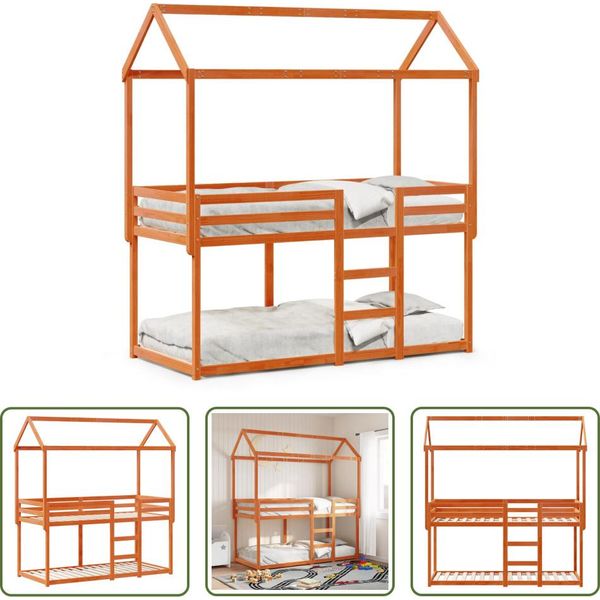 The Living Store Letto A Castello Con Tetto Marrone Cera 80X200 Cm In Legno Di Pino Massiccio-image
