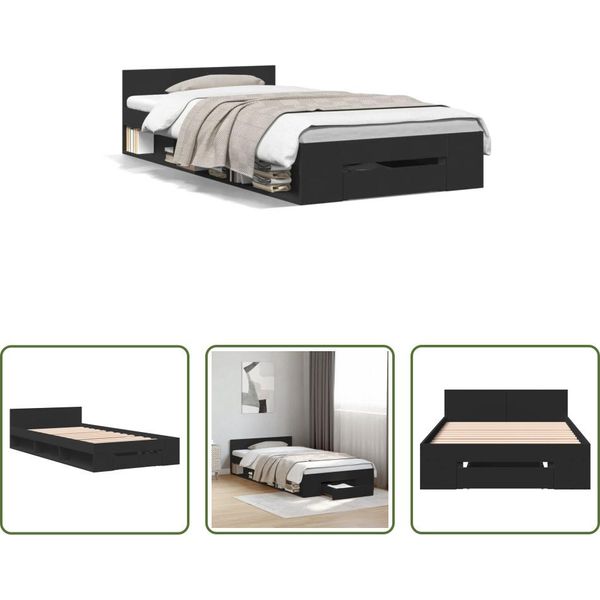 The Living Store Struttura Letto Con Cassetto Nero 90X190 Cm In Materiale Ligneo-image