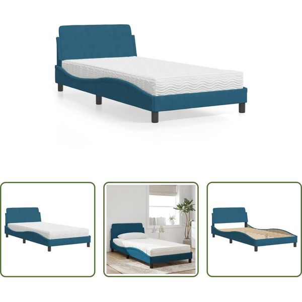 The Living Store Letto Con Materasso Blu 100X200 Cm In Velluto-image