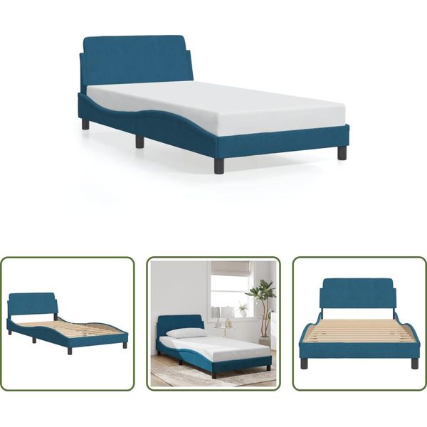 The Living Store Struttura Letto Con Testiera Blu 100X200 Cm In Velluto-image