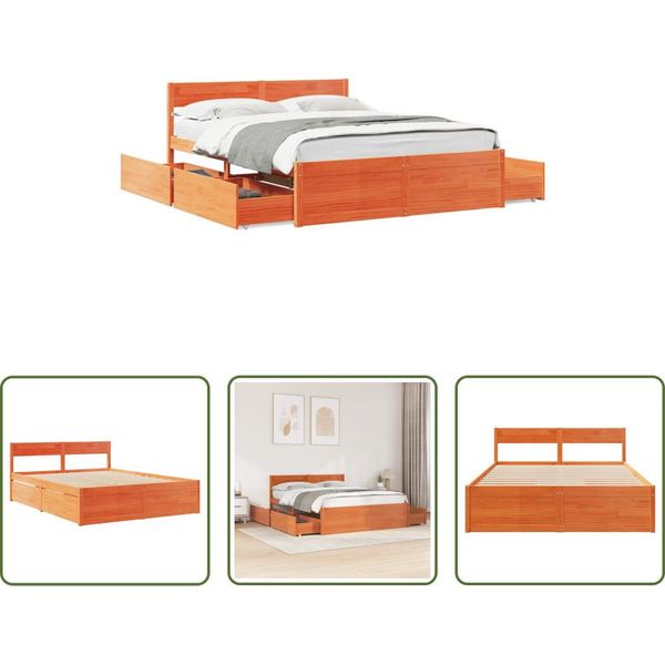 The Living Store Letto In Legno Massiccio Senza Materasso Cera Marrone 160X200 Legno Di Pino-image