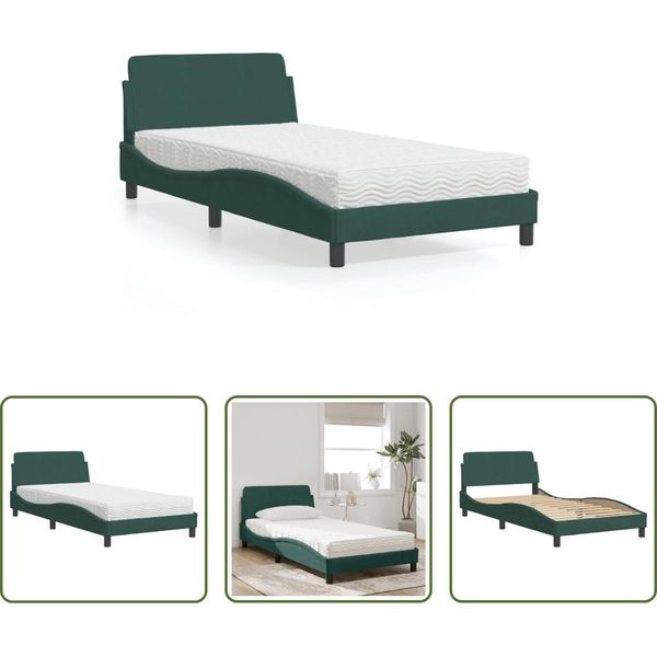 The Living Store Letto Con Materasso In Velluto Verde Scuro 100X200 Cm-image