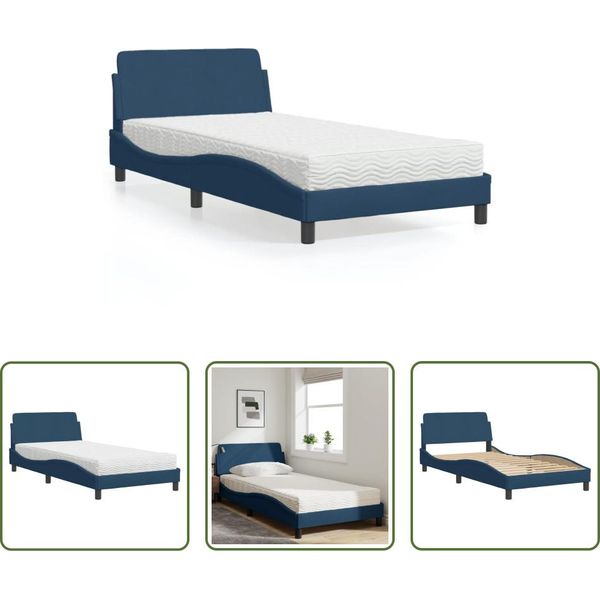 The Living Store Letto Con Materasso Blu 100X200 Cm In Tessuto-image
