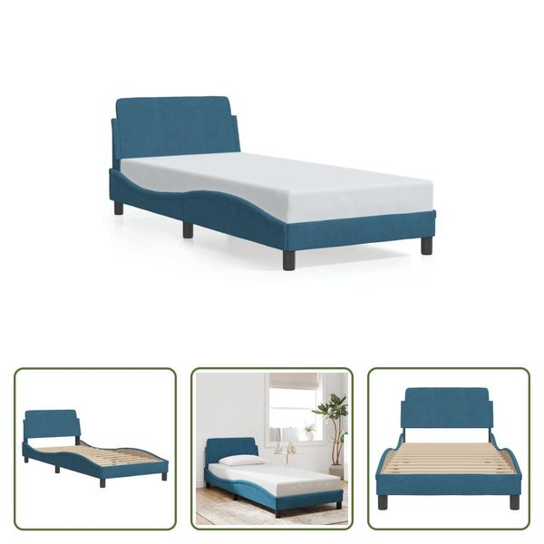 The Living Store Struttura Letto Con Testiera Blu 90X190 Cm In Velluto-image
