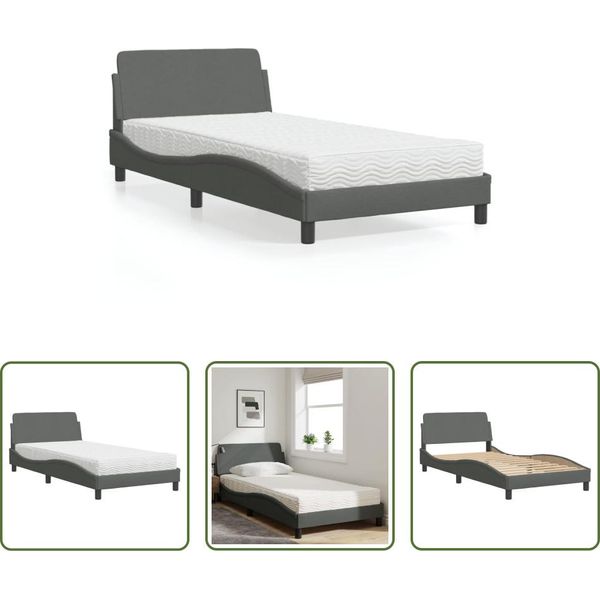 The Living Store Letto Con Materasso In Tessuto Grigio Scuro 100X200 Cm-image