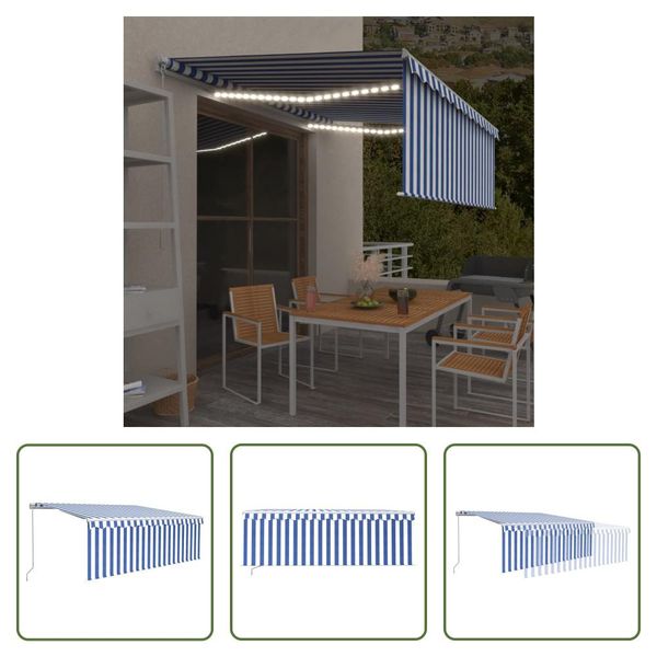 The Living Store Tenda Da Sole Manuale A Scomparsa Con Tenda A Rullo E Led 4,5X3 M Blu E Bianca-image