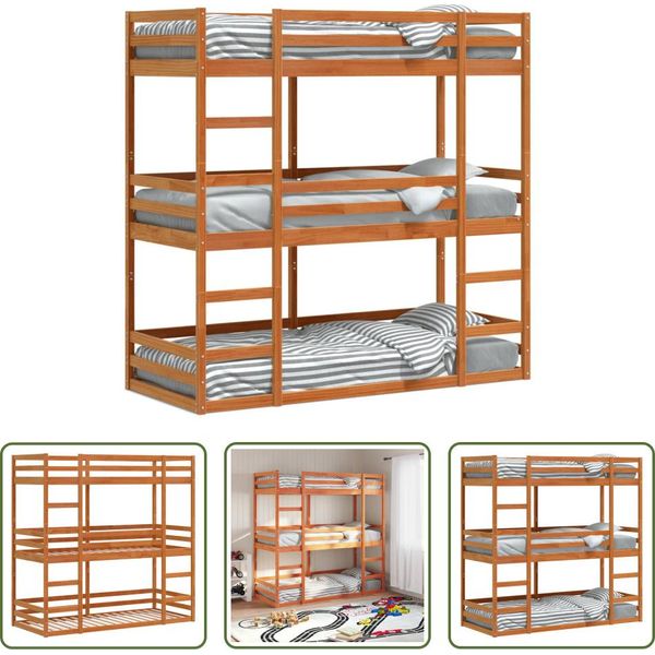 The Living Store Letto A Castello Triplo Marrone Cera 90X190 Cm In Legno Di Pino Massiccio-image