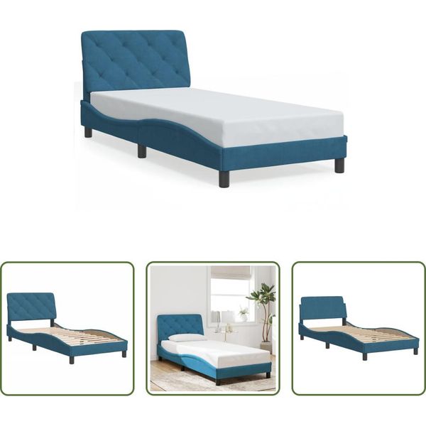 The Living Store Struttura Letto Con Testiera Blu 90X200 Cm In Velluto-image