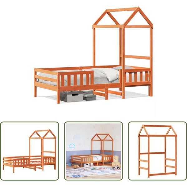 The Living Store Letto In Legno Massiccio Con Tetto A Cera Marrone 90X190 Cm Pino-image