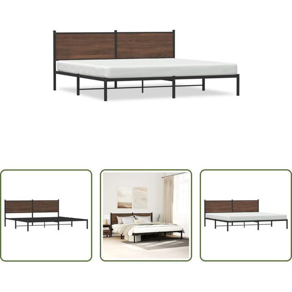 The Living Store Struttura Letto Con Testiera In Metallo Effetto Rovere Marrone 193X203 Cm-image