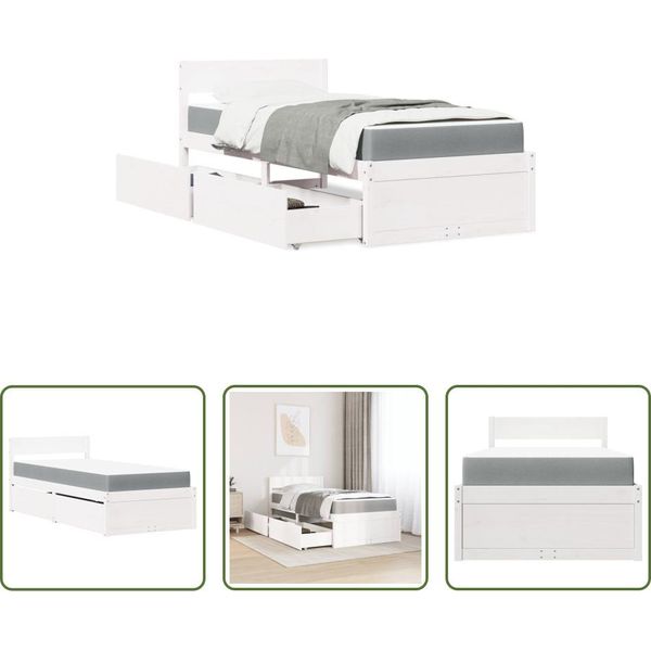 The Living Store Letto Con Cassetti E Materasso Bianco 90X200 Cm In Legno Massiccio-image