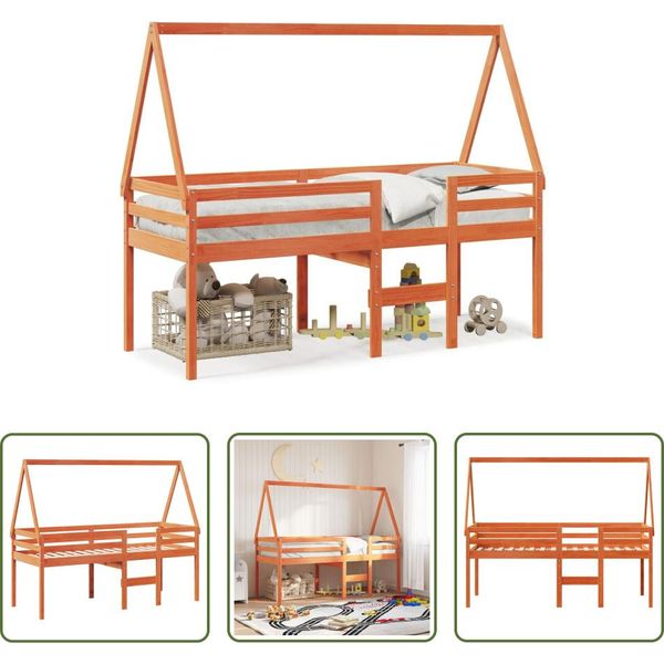 The Living Store Letto A Soppalco Con Tetto A Cera Marrone 80X200 Cm In Legno Di Pino Massiccio-image