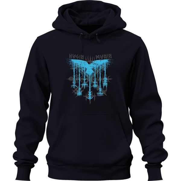 Hugin E Munin Odino Mitologia Vichinga Corvo Nordico Rune Unisex Felpa Con Cappuccio, Navy, 3XL-image