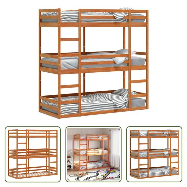 The Living Store Letto A Castello Triplo Marrone Cera 75X190 Cm In Legno Di Pino Massiccio-image