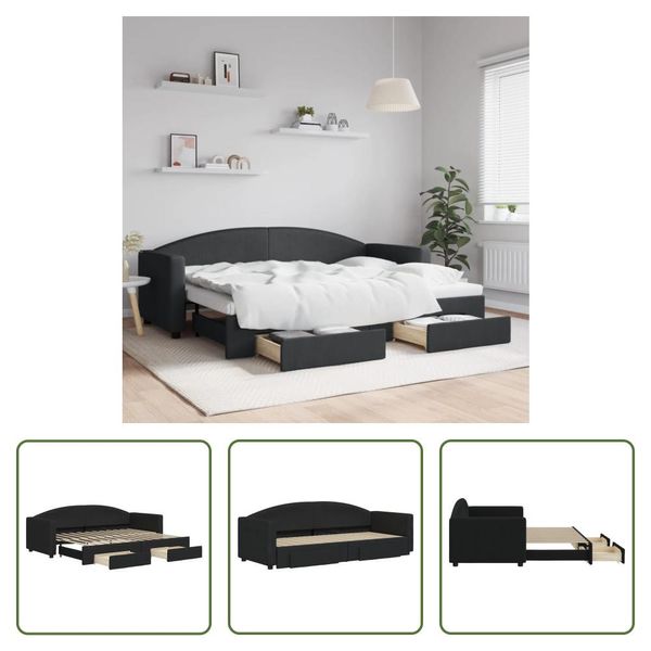 The Living Store Lettino Allungabile Con Cassetti Nero 80X200 Cm In Tessuto-image