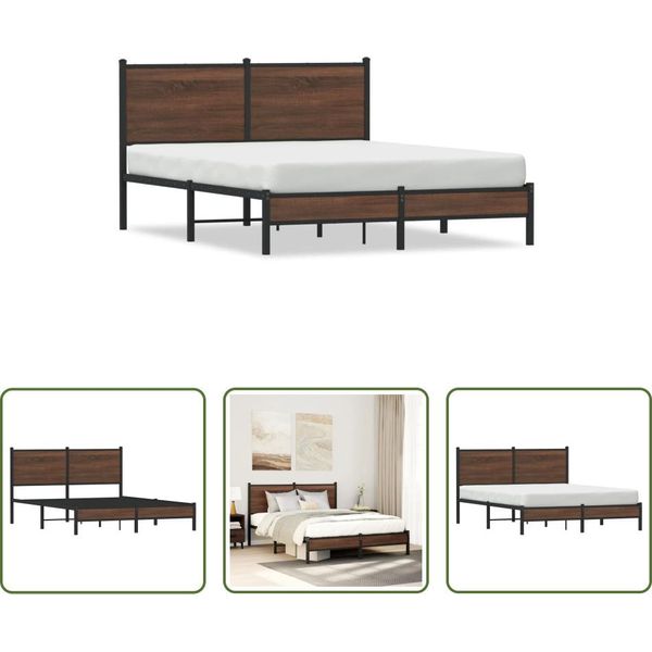The Living Store Struttura Letto Con Testiera In Metallo Effetto Rovere Marrone 137X190 Cm-image