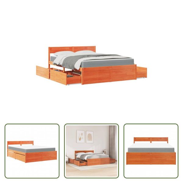 The Living Store Letto Con Cassetti E Materasso Marrone Cera 140X200 In Legno Massiccio-image