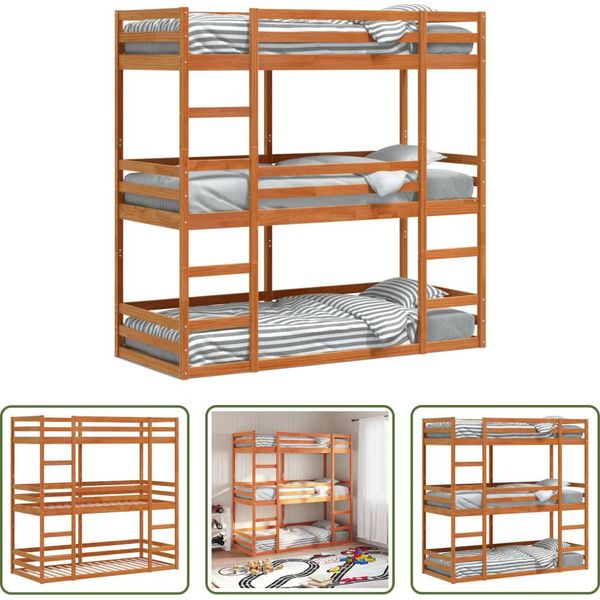 The Living Store Letto A Castello Triplo Marrone Cera 80X200 Cm In Legno Di Pino Massiccio-image