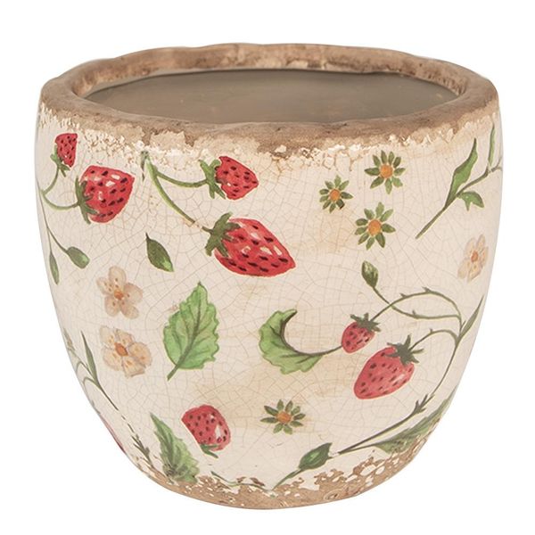 Vaso Da Fiori Clayre & Eef Ø 13X11 Cm Beige Rosso Vetroceramica Fragole-image