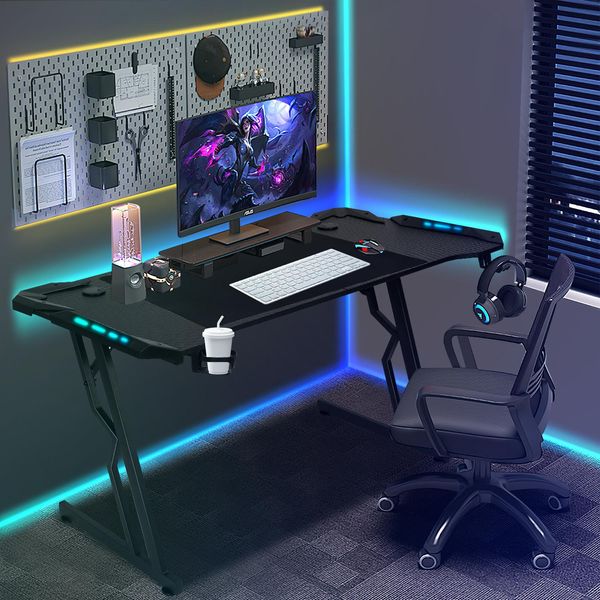 Bettizia Scrivania A Z Per Computer 140X60Cm, Tavolo Da Gioco A Led Con Portabicchieri, Gancio Per Cuffie, Scrivania Per Casa E Ufficio (Nero)-image