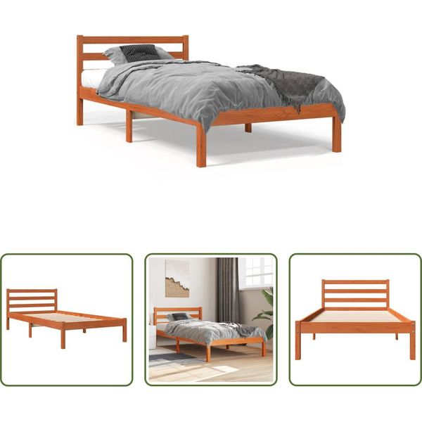 The Living Store Letto In Legno Massiccio Cera Marrone 90X190 Cm Pino-image