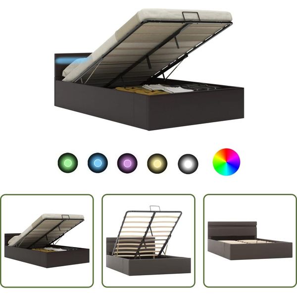 The Living Store Letto Con Rete Idraulica Led Grigio Pelle Finta 140X200 Cm-image