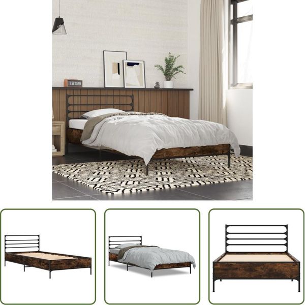 The Living Store Struttura Letto In Rovere Fumé 90X200 Cm Materiale A Base Di Legno E Metallo-image