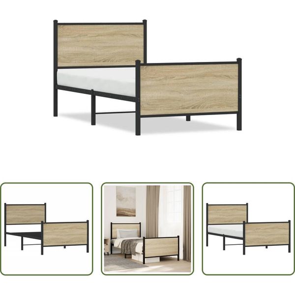 The Living Store Struttura Letto Con Testiera E Pediera In Metallo Rovere Sonoma 90X190 Cm-image