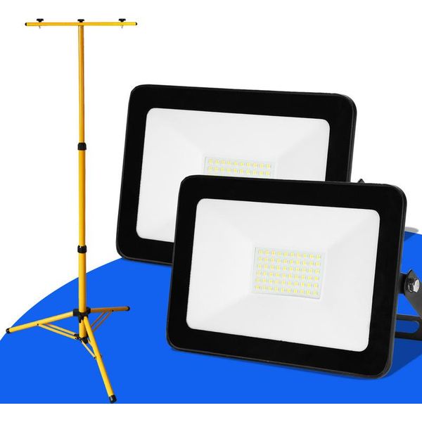 Clanmacy Faro Da Cantiere A Led 2X 50W Faro A Led Con Treppiede Faro Da Esterno IP82 Faro Impermeabile Luce Da Lavoro Bianco Caldo-image