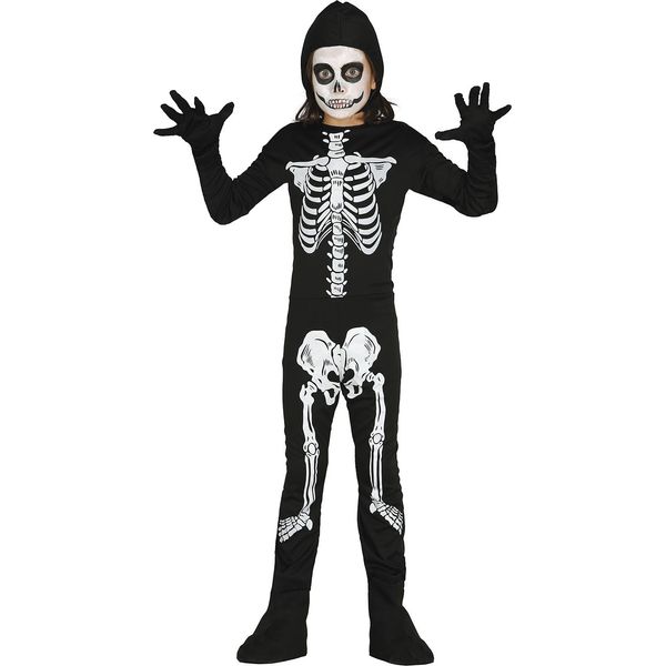 Scheletro Halloween Tuta Costume Bambini Con Cappuccio Spaventoso Zucca Notte Festa, Taglia: 98/104 Colore: Nero-image