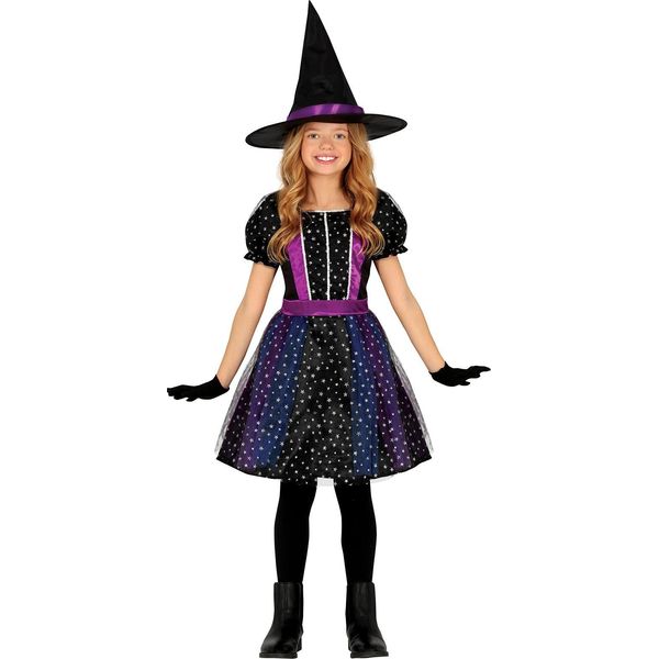 Strega Halloween Magia Stella Abito Con Cappello Creatura Mitica Nero Viola Costume Sogni Fantasia Glitter Glamour Fiaba Notte Outfits Festa Bambini, Taglia: 110/116 Colore: Nero-image