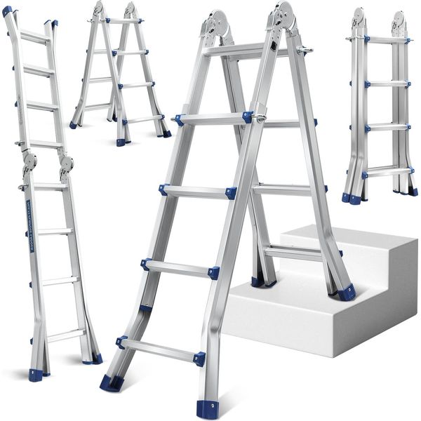 Bettizia Scala Telescopica Professionale 2,4M In Alluminio Argento Portata 150Kg Scala Multiuso Piedini In Gomma Antiscivolo-image