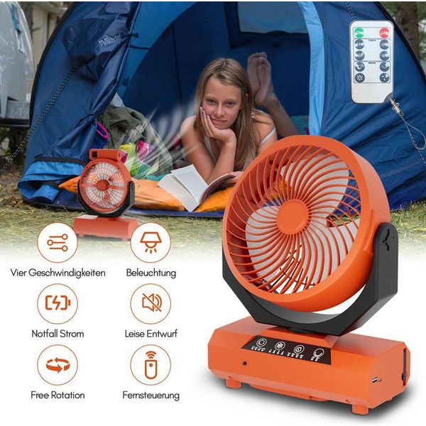 Clanmacy Ventilatore Da Tavolo, Ventilatore Da Campeggio, Ricaricabile, Batteria Da 20000Mah, 4 Velocità, Con Telecomando, Luce Led E Gancio, Per Esterni, Tenda, Arancione-image